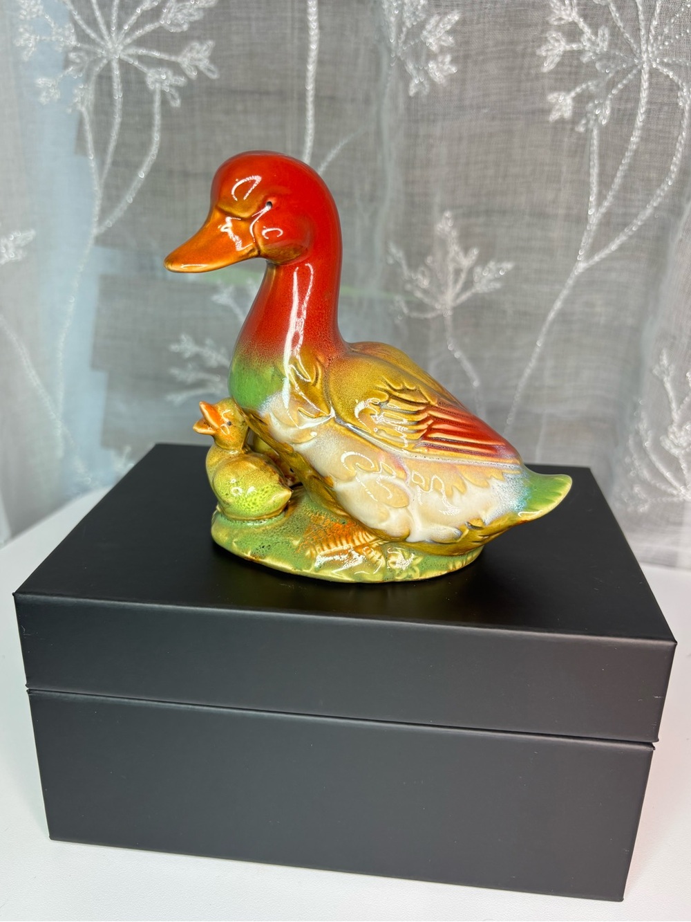VTG Japanese Porcelain Mallard Duck Colorful Glaze Mom & Ducklings